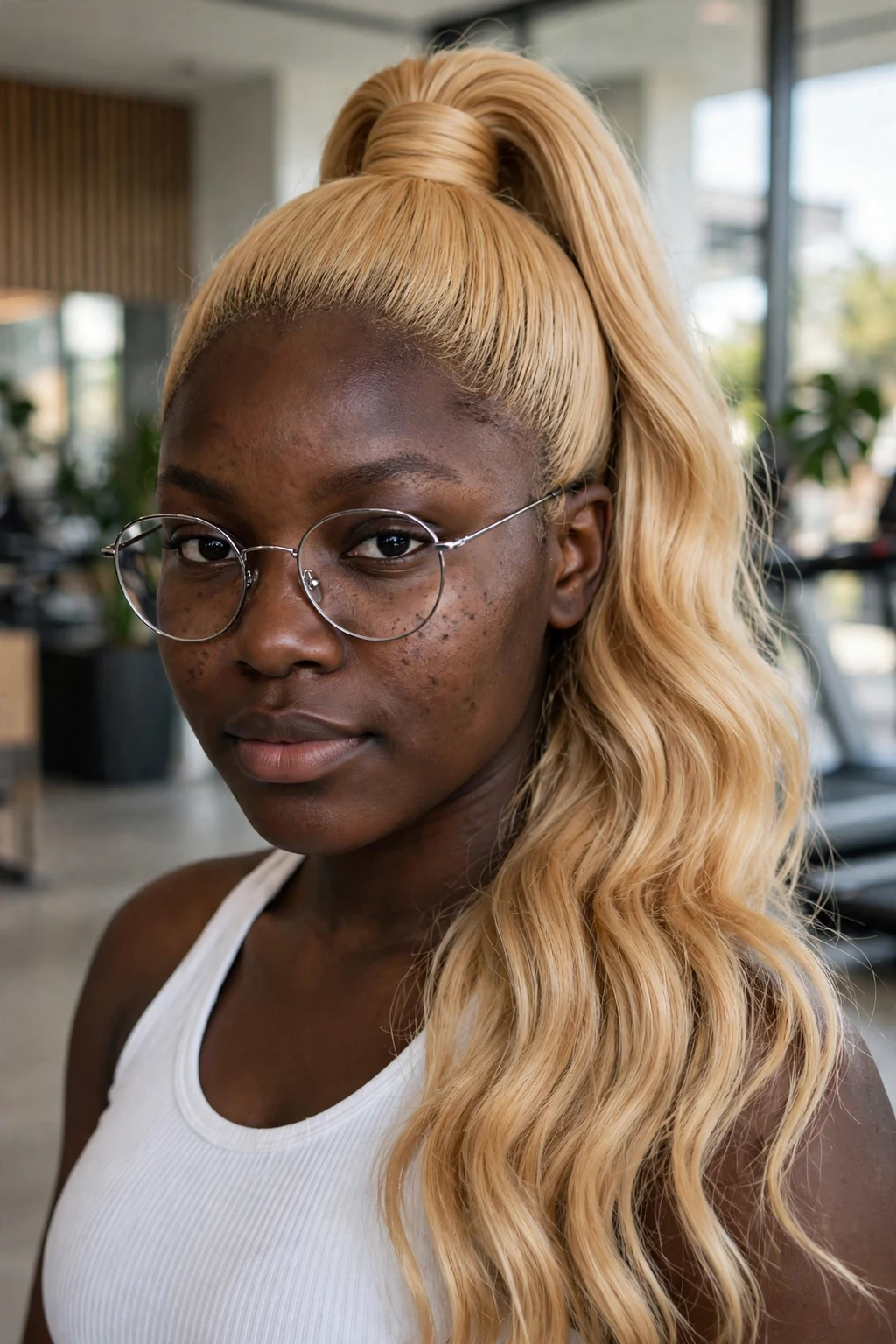 Young woman in her mid 20s with a honey blonde ponytail wearing thin wire glasses.