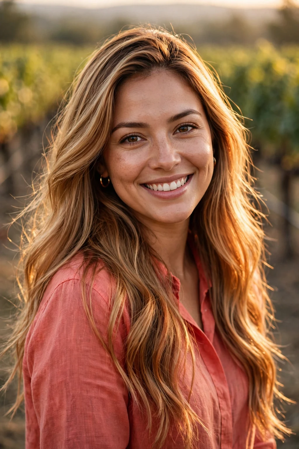 Young Latina woman in her late 20s with long honey-blonde hair and copper babylights, wearing a coral linen shirt in a vineyard.