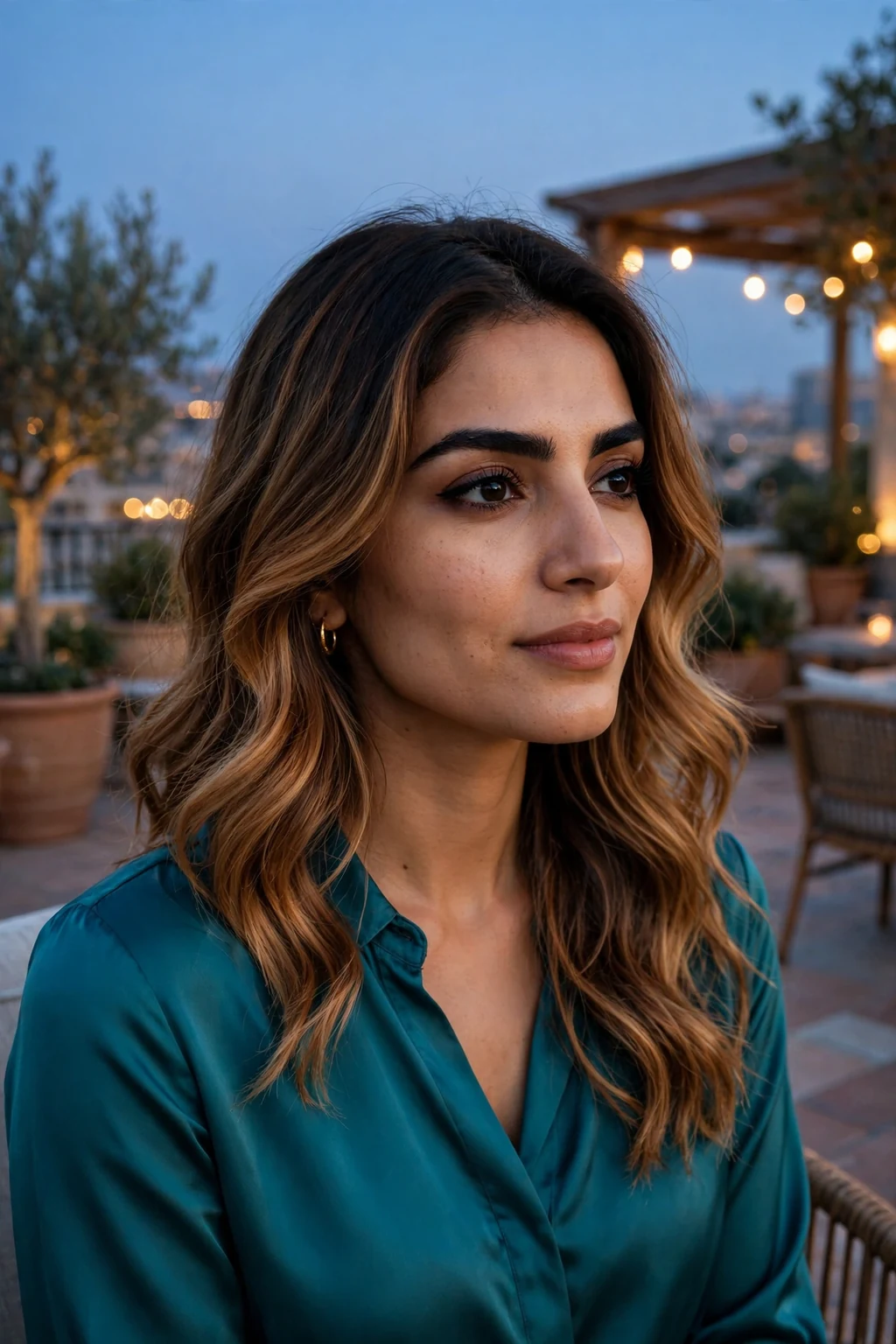 Beautiful woman with honey caramel ombre hair color, gradual honey to caramel blend, stunning light.