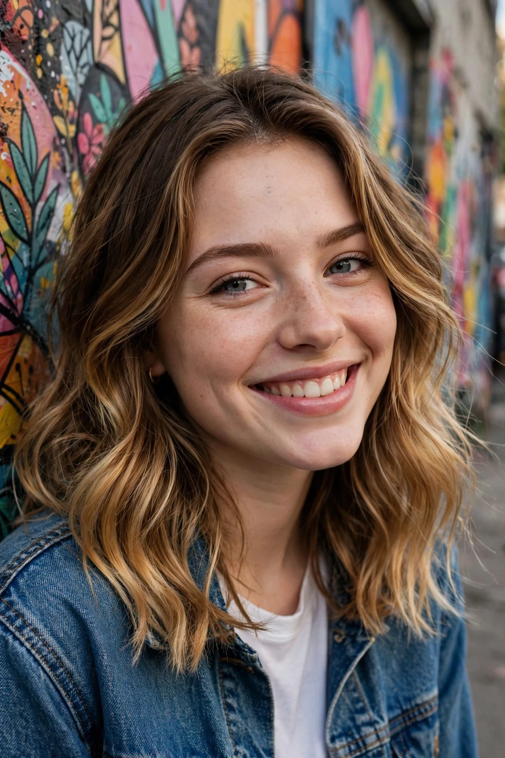 Beautiful woman with honey-dipped ends hair color, golden ombre tips, casual light.