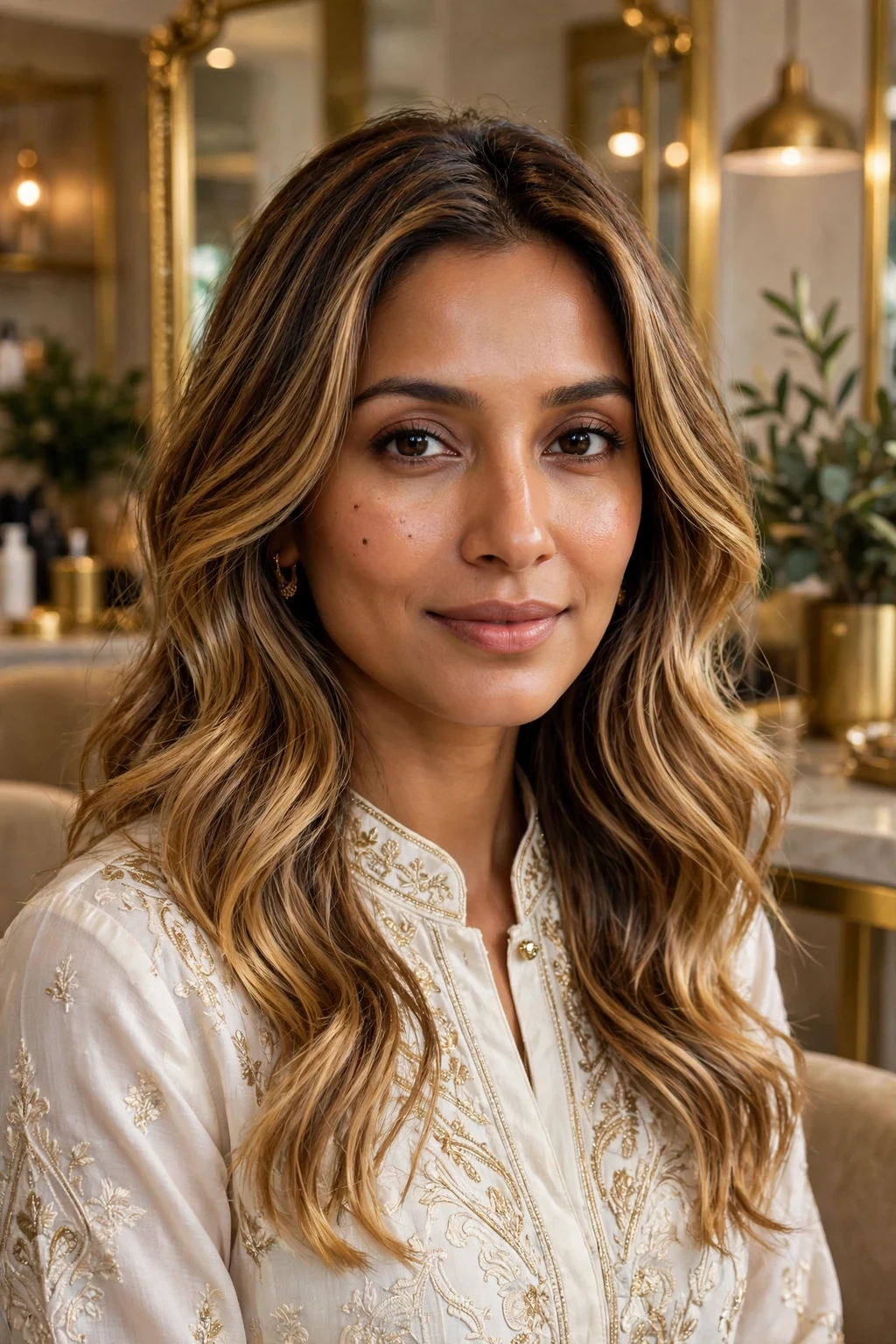 Beautiful woman with honey gold balayage hair color, rich honey gold painted tones, dimensional light.