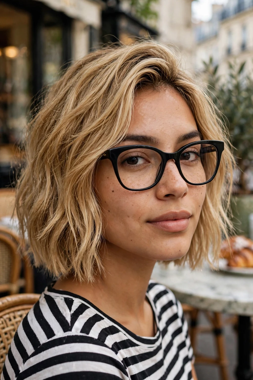 Young woman in her mid 20s with a honey blonde textured bob wearing black cat-eye glasses.
