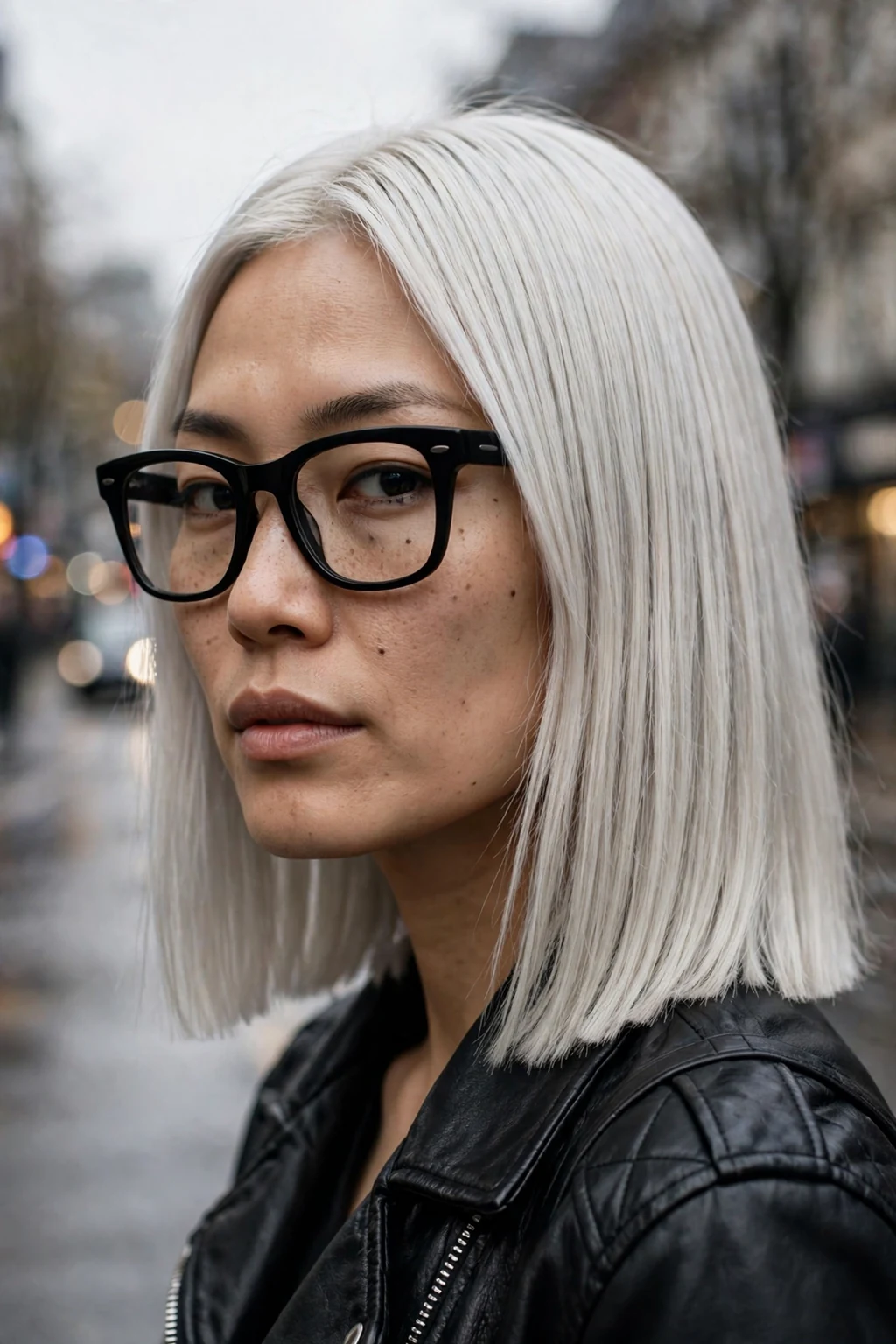 Young woman in her late 20s with an icy blonde blunt cut wearing chunky black wayfarer glasses.