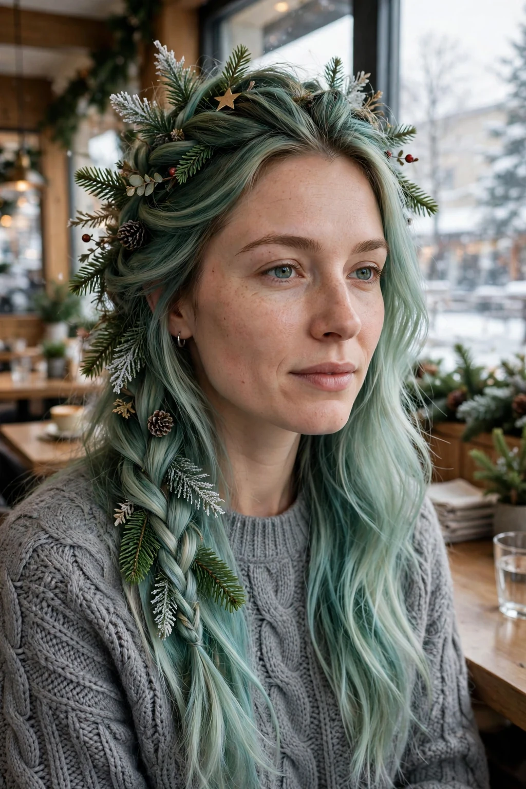 Young woman with icy evergreen balayage hairstyle, festive holiday look.