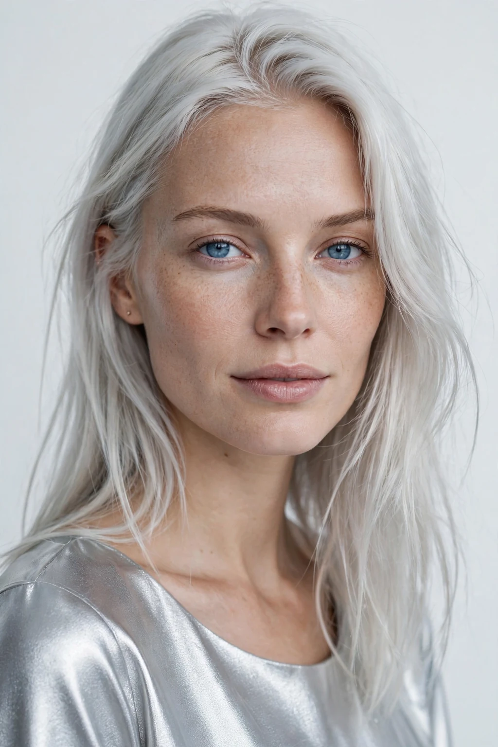 Beautiful woman with icy platinum blonde, cool icy platinum tones, bright light.