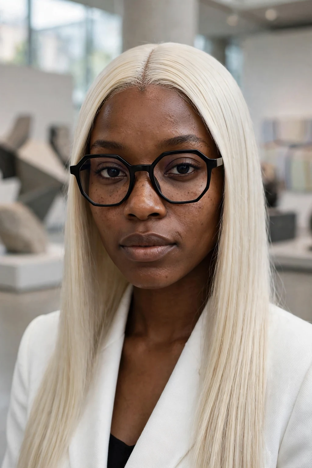 Young woman in her late 20s with icy blonde sleek straight hair wearing black geometric glasses.