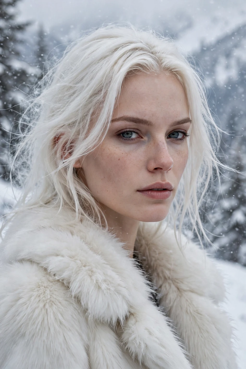 Beautiful woman with icy white blonde, pure icy white blonde, striking light.