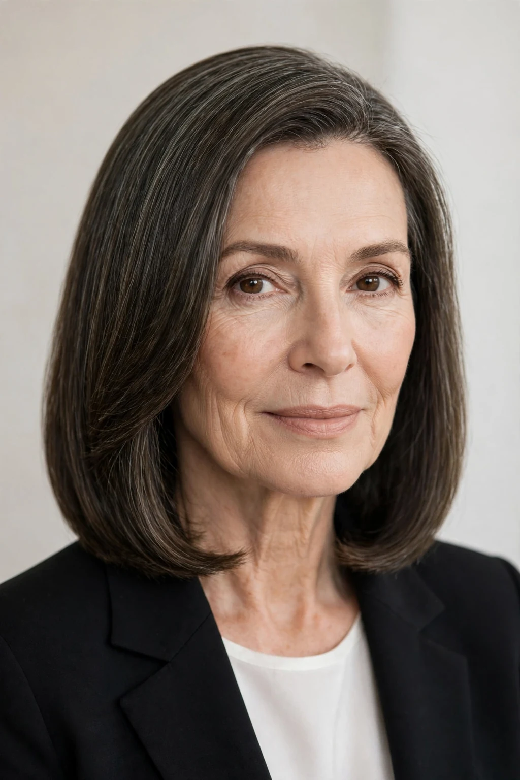 Elegant woman over 50 with impeccable polished cut, flawless smooth style, refined light.