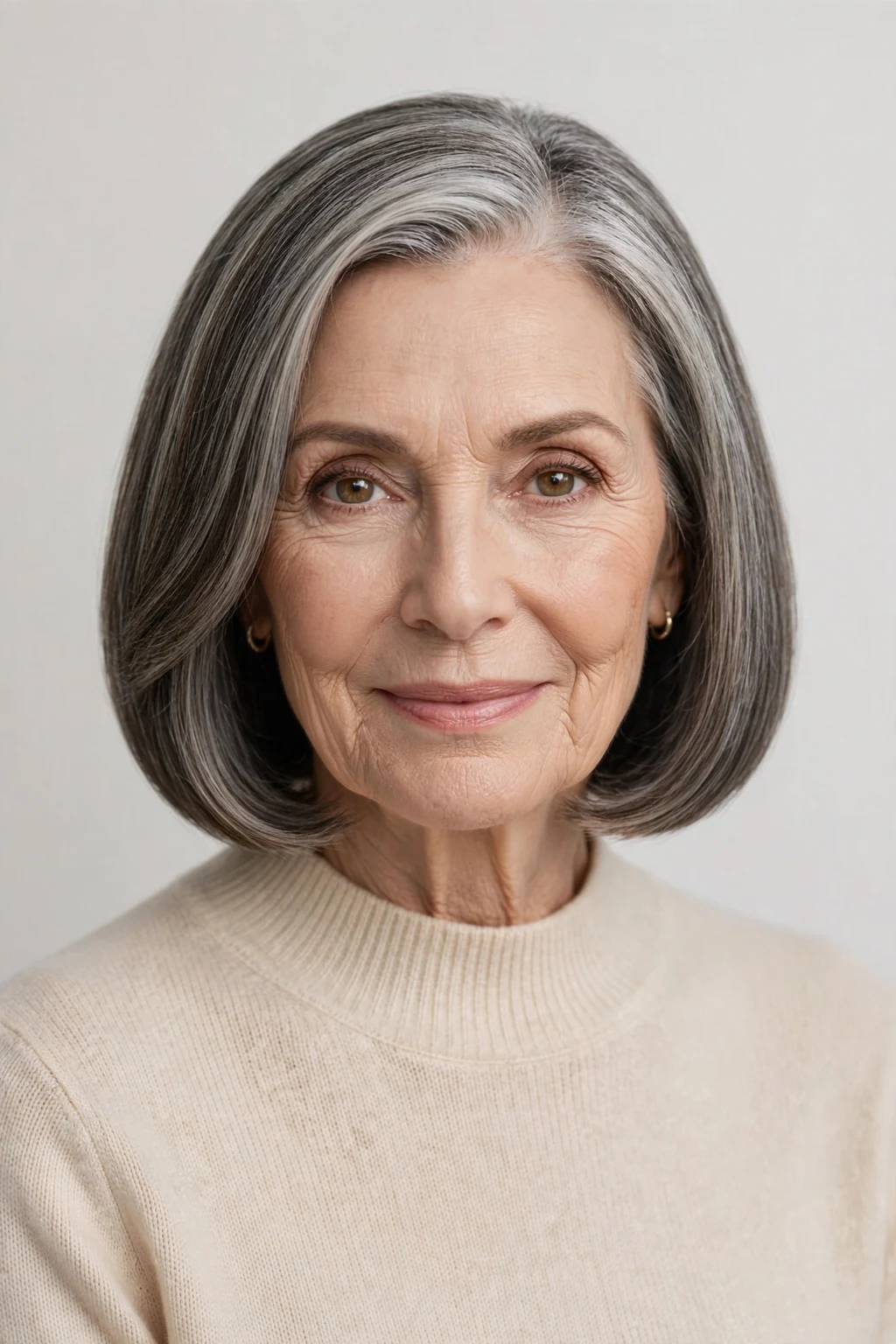 Elegant woman over 60 with impeccable polished cut, flawless smooth style, refined light.
