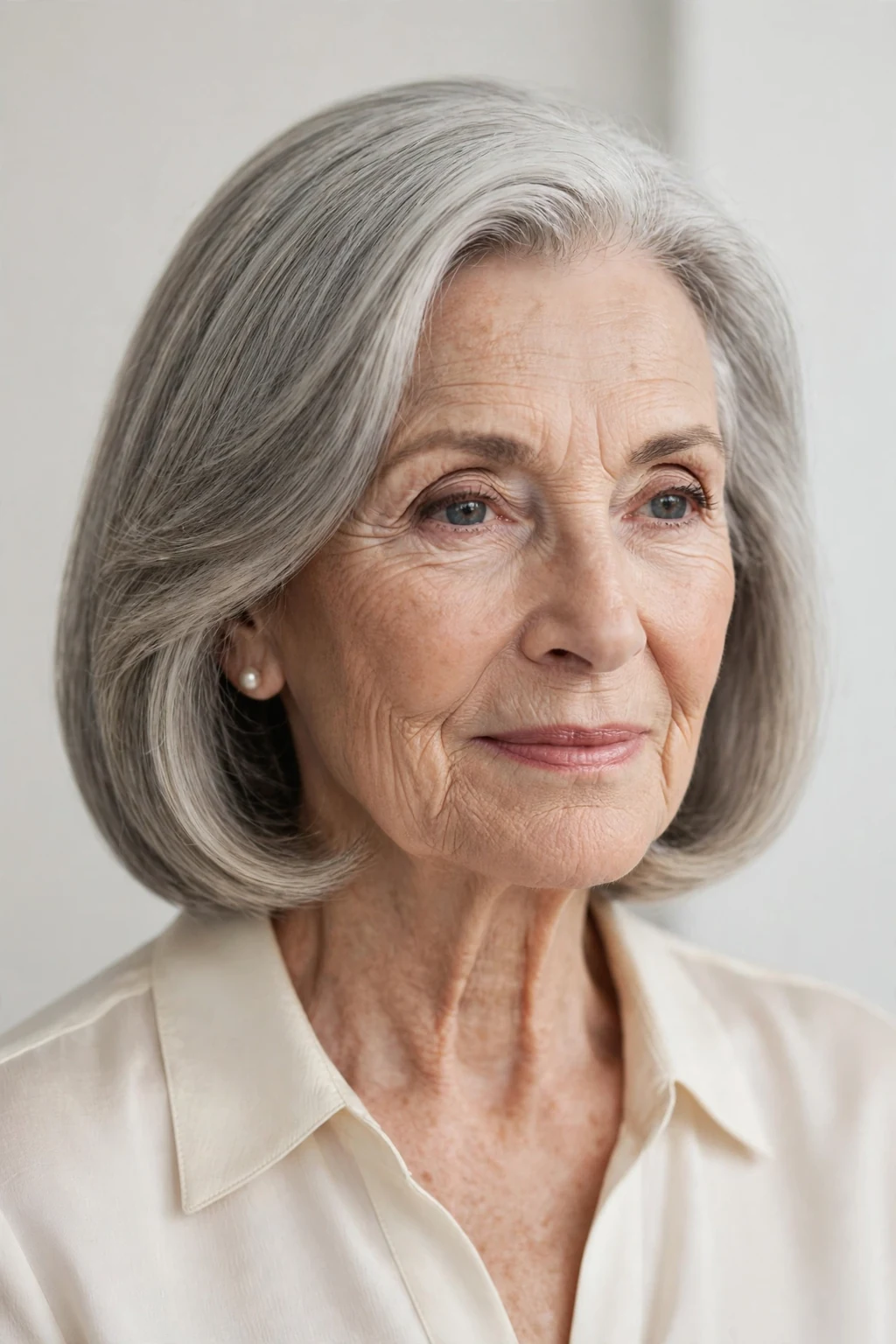 Elegant woman over 70 with impeccable polished cut, flawless smooth style, refined light.