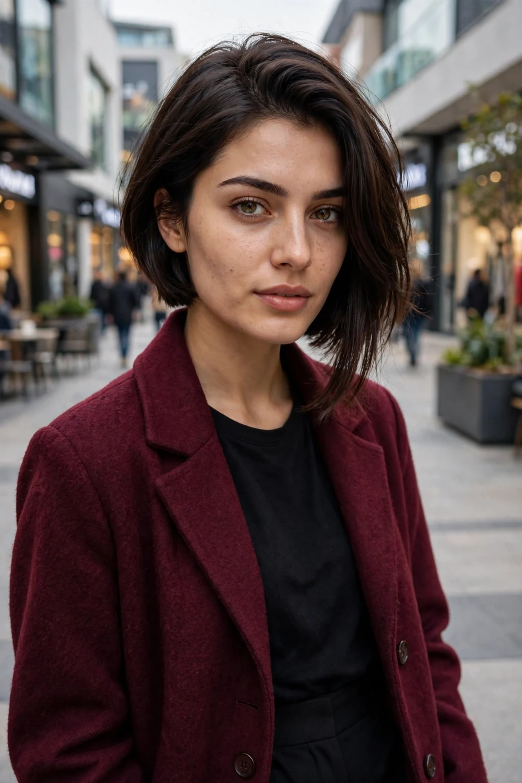 Young Turkish woman with an inverted bob in a shopping district wearing a burgundy coat.