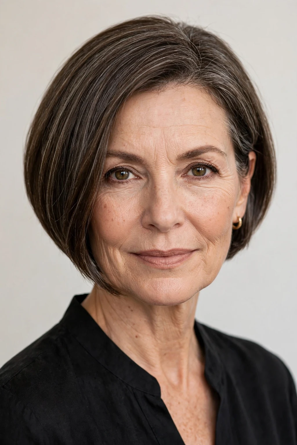 Elegant woman over 50 with inverted bob, angled modern cut, confident light.