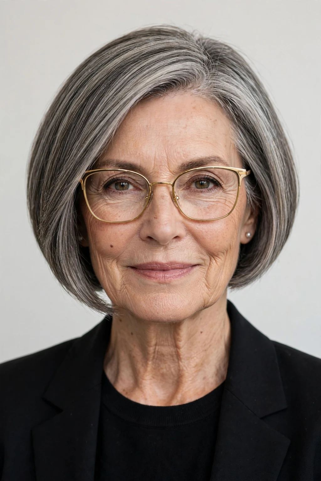 Elegant woman over 60 with glasses and inverted bob, angled modern cut, confident light.
