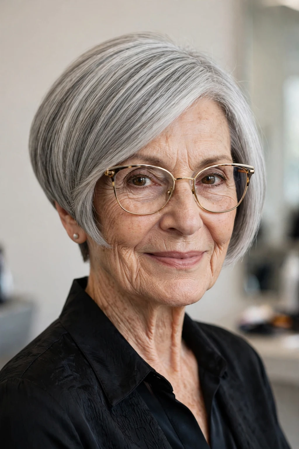 Elegant woman over 70 with glasses and inverted bob, angled modern cut, confident light.