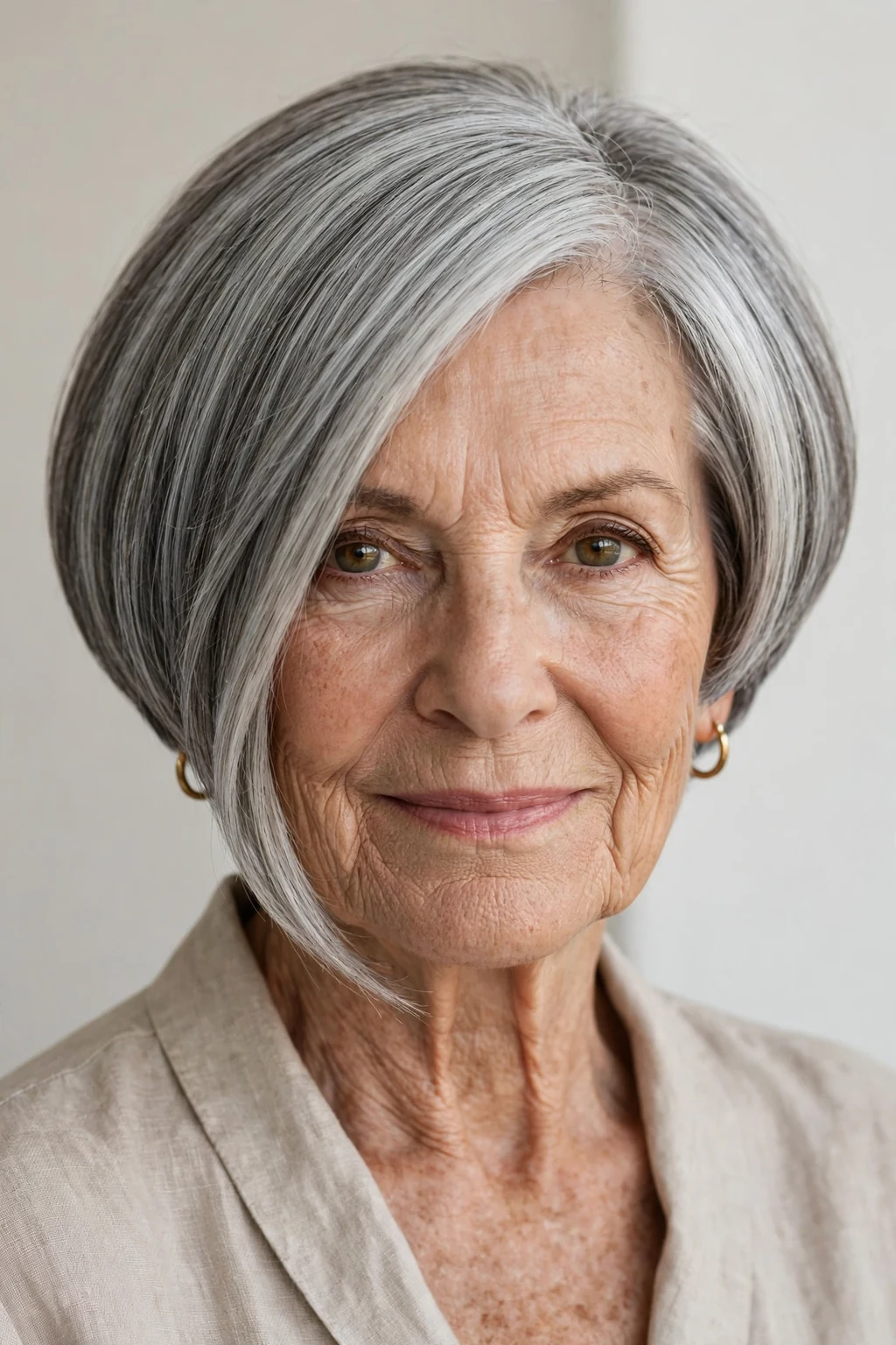 Elegant woman over 70 with inverted bob, angled modern cut, confident light.