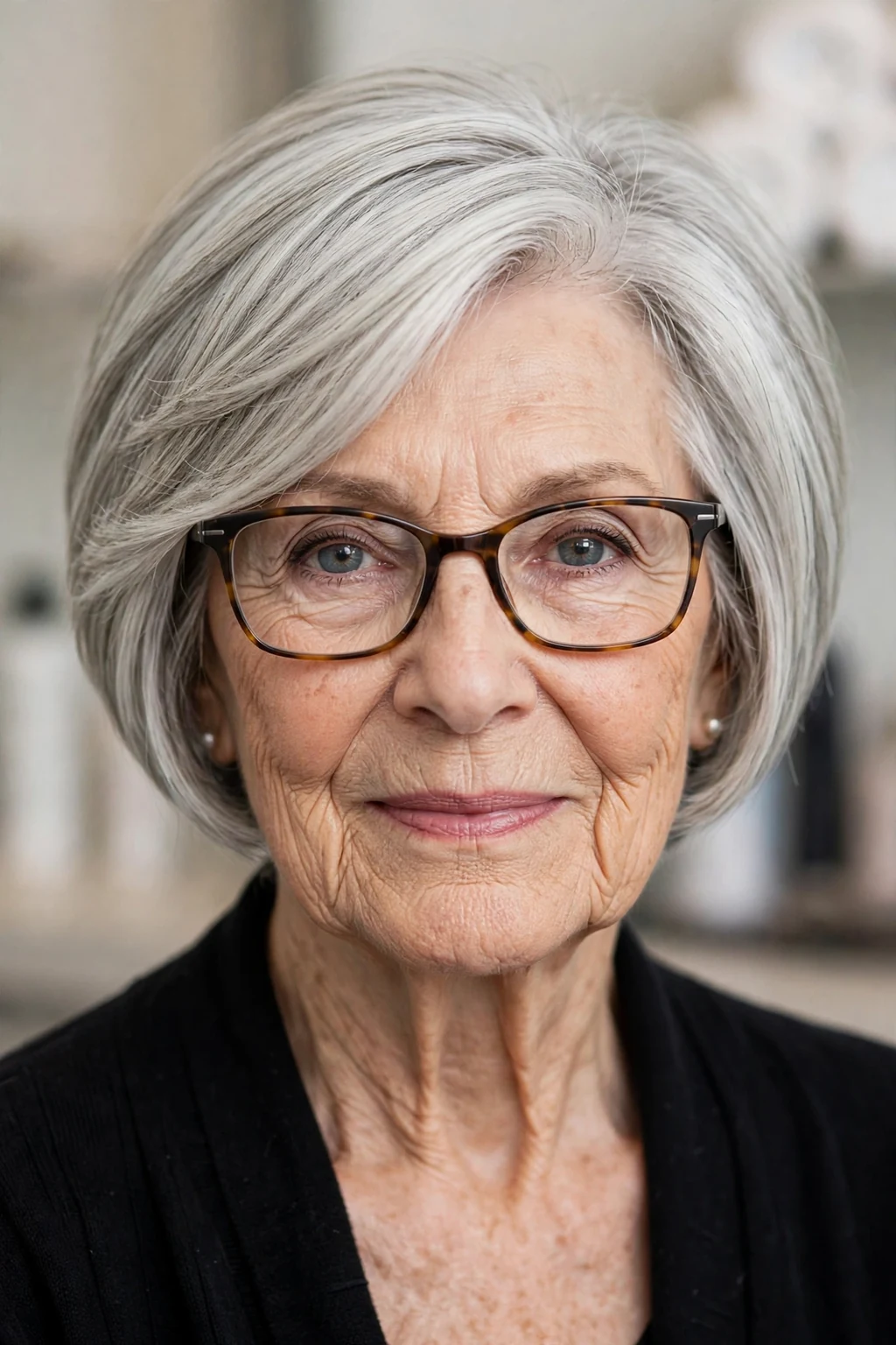 Elegant woman over 80 with glasses and inverted bob, angled modern cut, confident light.