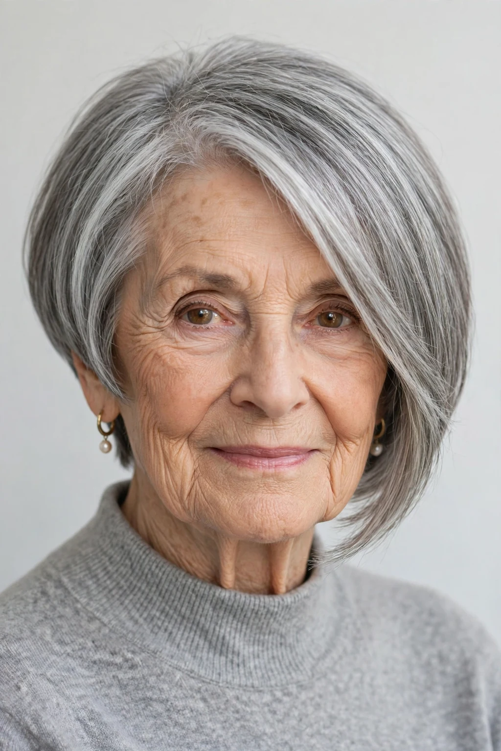 Elegant woman over 80 with inverted bob, angled modern cut, confident light.