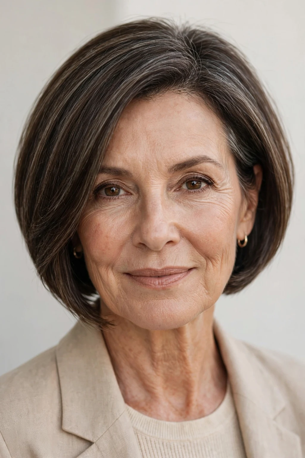 Elegant woman over 50 with inverted bob, angled modern cut, confident light.