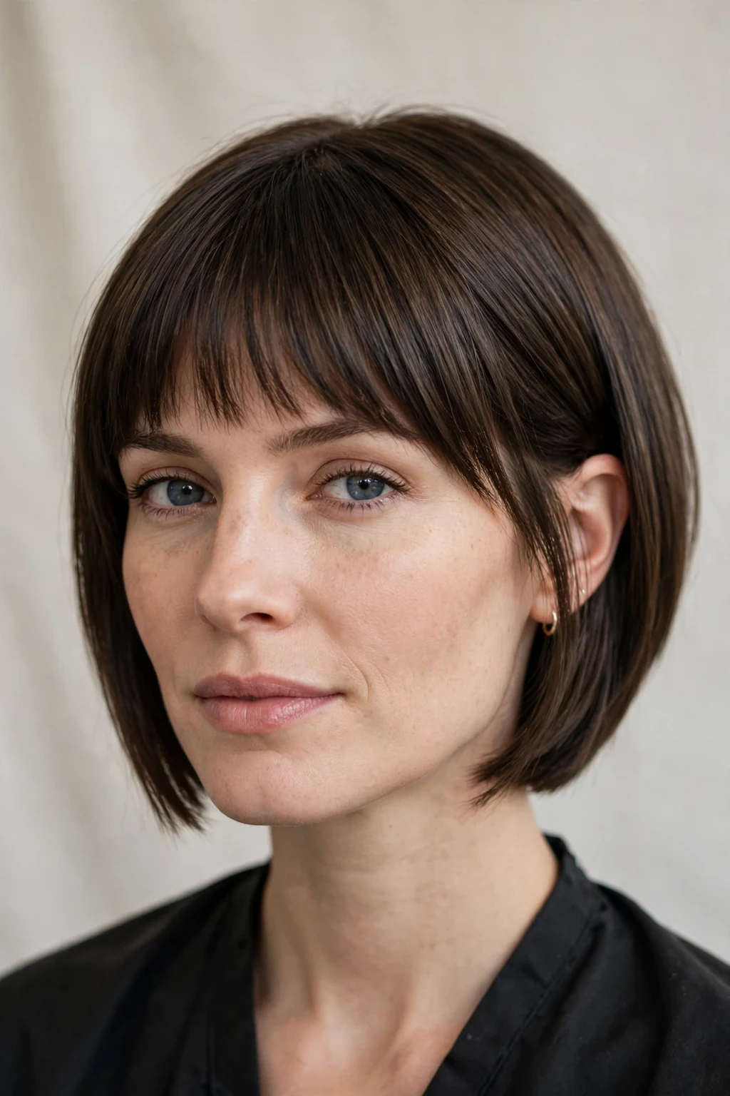 Woman with inverted bob and bangs, stacked back with fringe, sophisticated light.