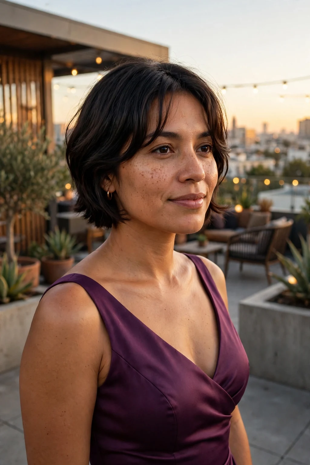 Young woman with an inverted bob and curtain bangs, at a stylish rooftop terrace.