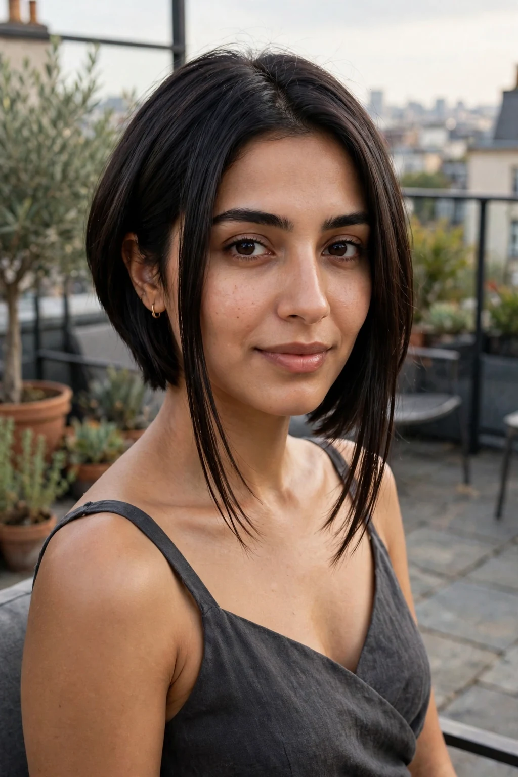 A young woman with an inverted chin bob, wearing a charcoal dress on a rooftop terrace.