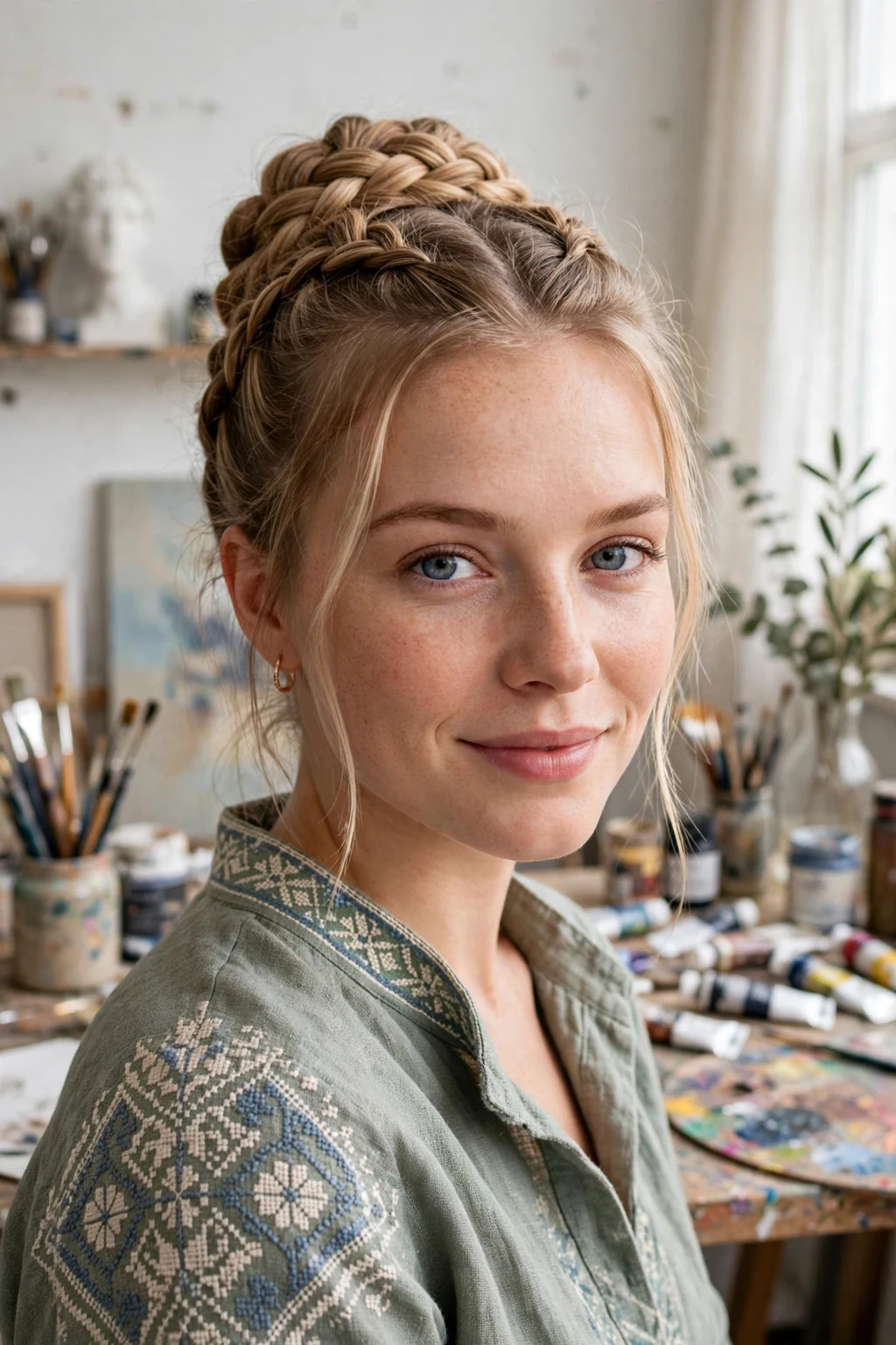 Beautiful woman with inverted double dutch updo, unique inverted dutch, creative light.