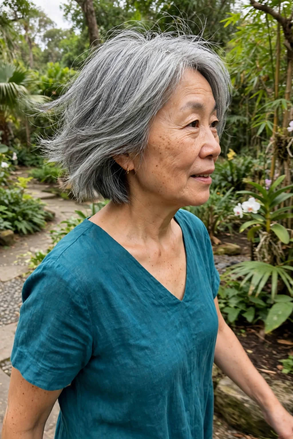 A mature East Asian woman in her fifties with an inverted gray bob, wearing a teal dress in a botanical garden.