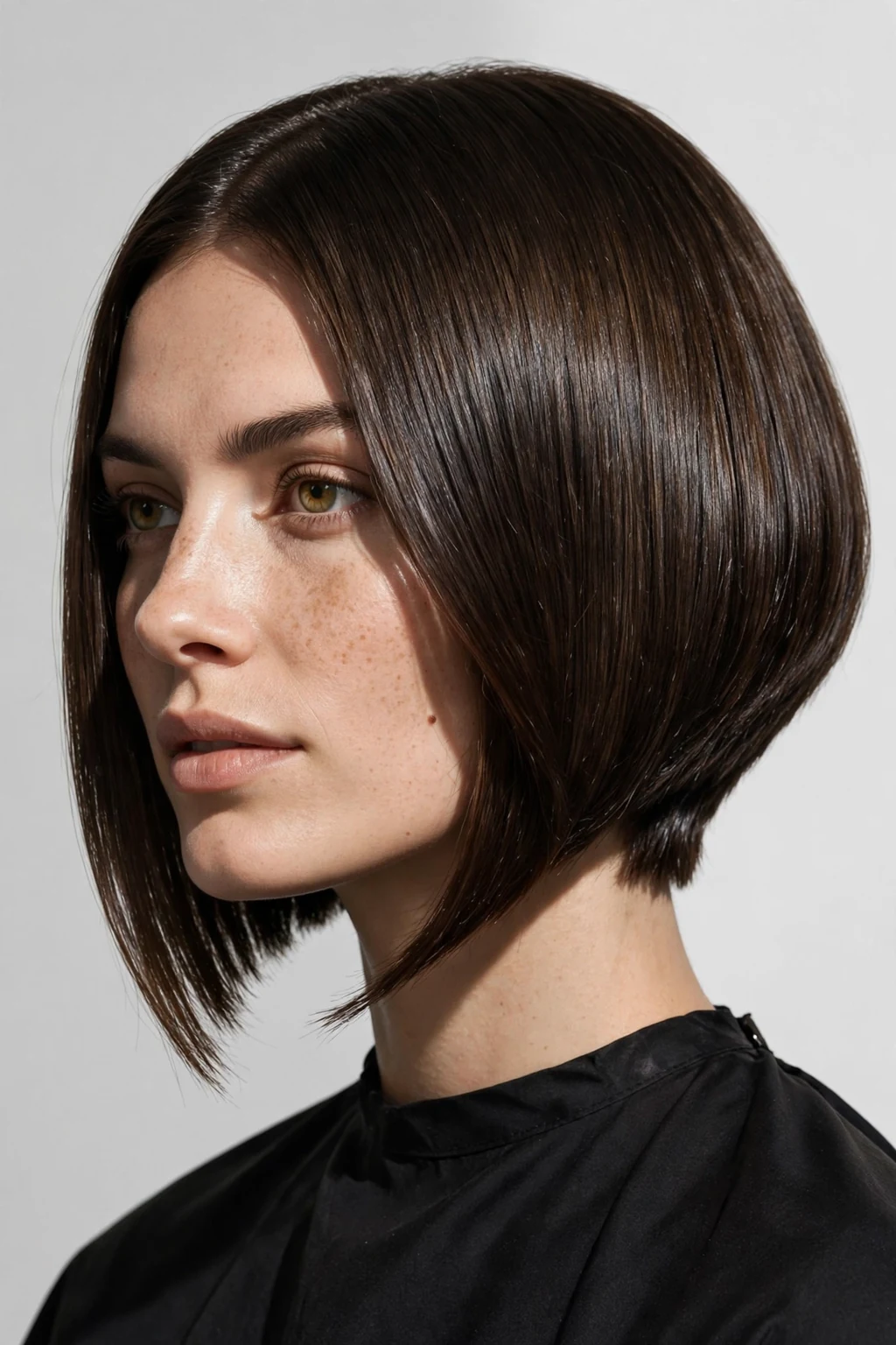 Woman with inverted lob, angled modern shape, bold refined light.