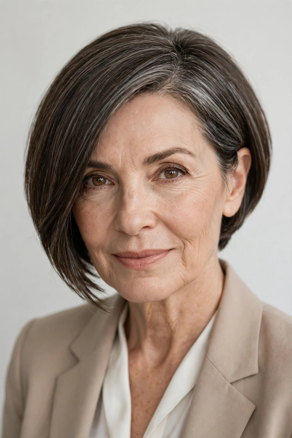 Elegant woman over 50 with inverted short bob, angled modern cut, confident light.