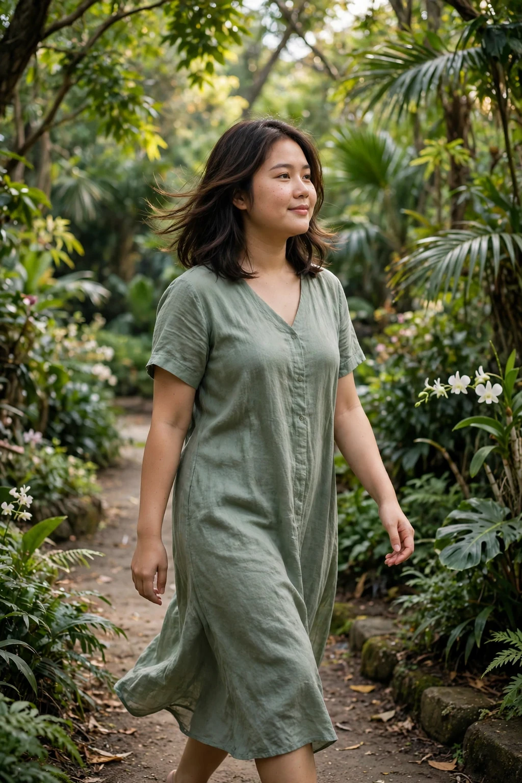 Young woman with invisible medium layers, walking through a botanical garden wearing a sage green dress.