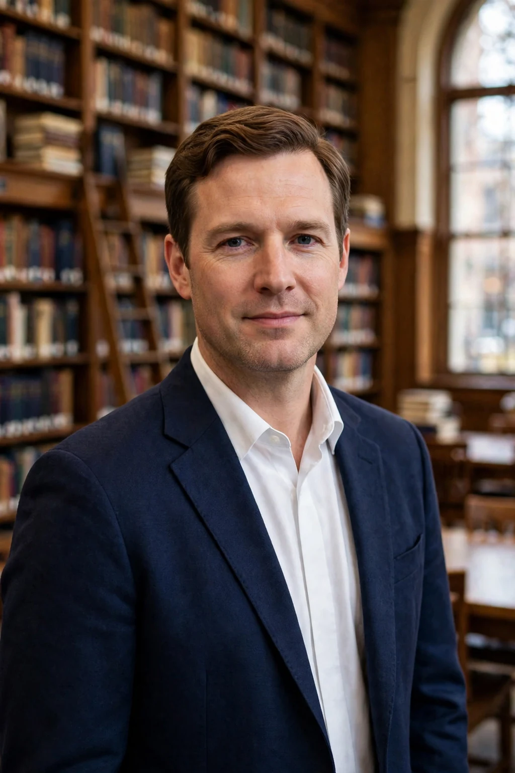 Man in his early 40s with an Ivy League haircut, wearing a navy blazer in a library.