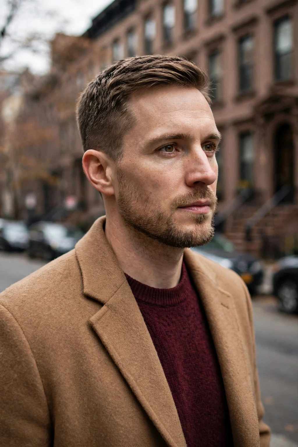 A man with an Ivy League cut wearing a camel coat on a city street.