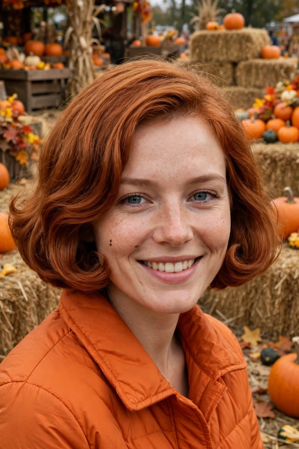 Young woman with a jack-o-lantern auburn bob and an orange coat at a pumpkin festival.