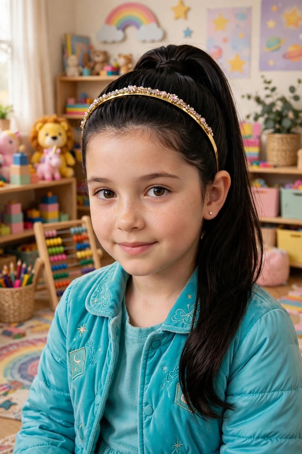 A young girl with a high sleek ponytail and a gold headband in a colorful playroom.