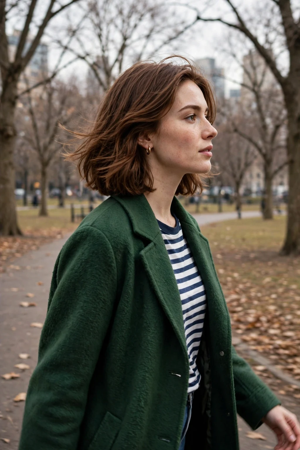 Young woman with a jaw-length bob with layers, feathered ends, walking in a city park.