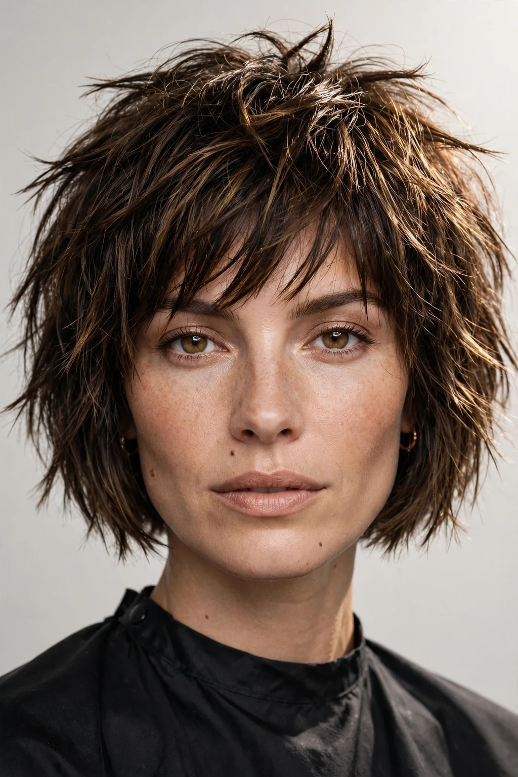 Woman with jaw-length choppy bob, precise short cut with bold texture, striking light.