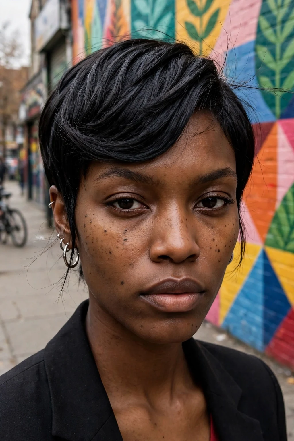 A young woman with a jet-black sculpted pixie haircut, glossy sculpted layers molded close to the head.