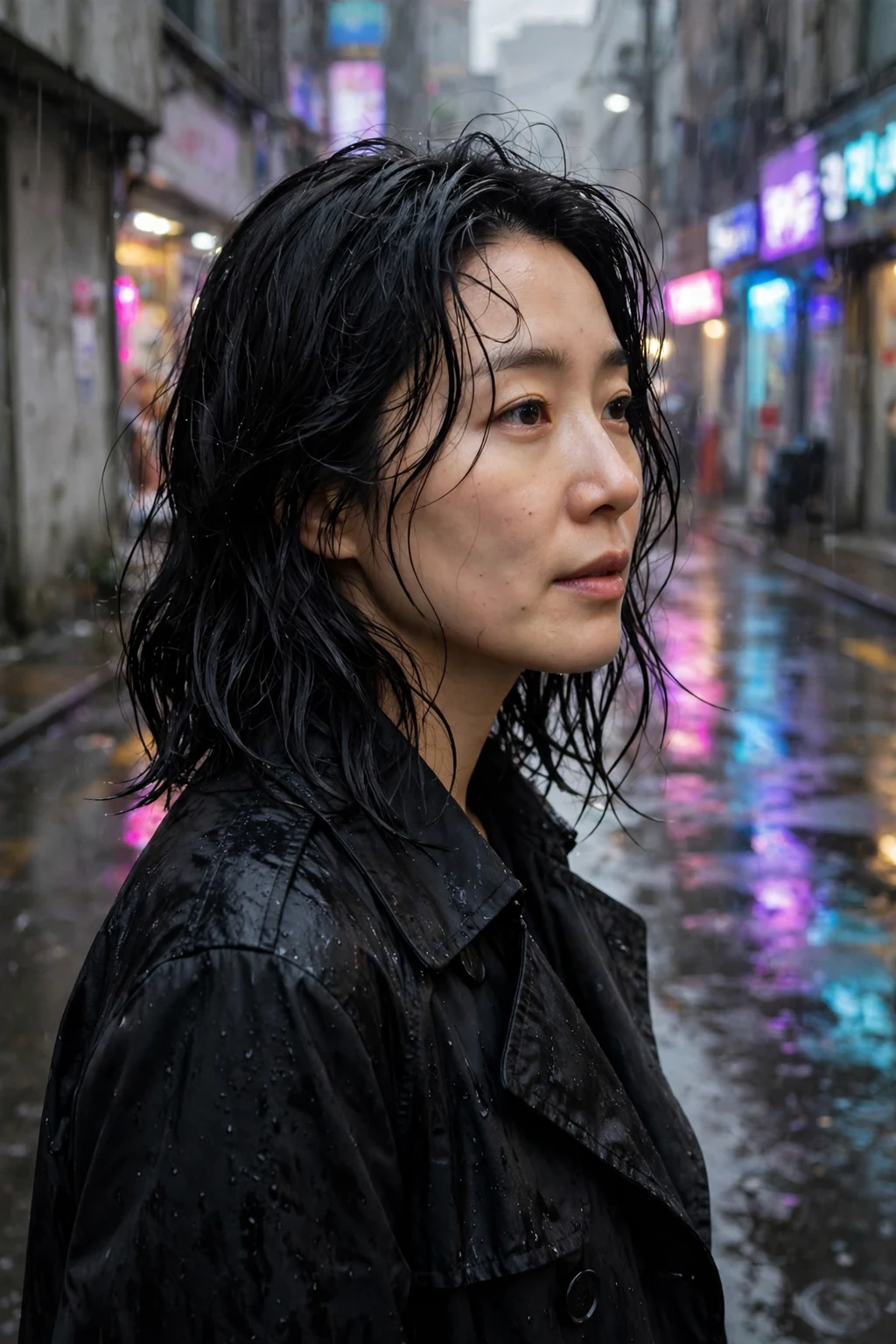 Young woman with jet black wet-look waves in a rainy city alley wearing a black trench coat.