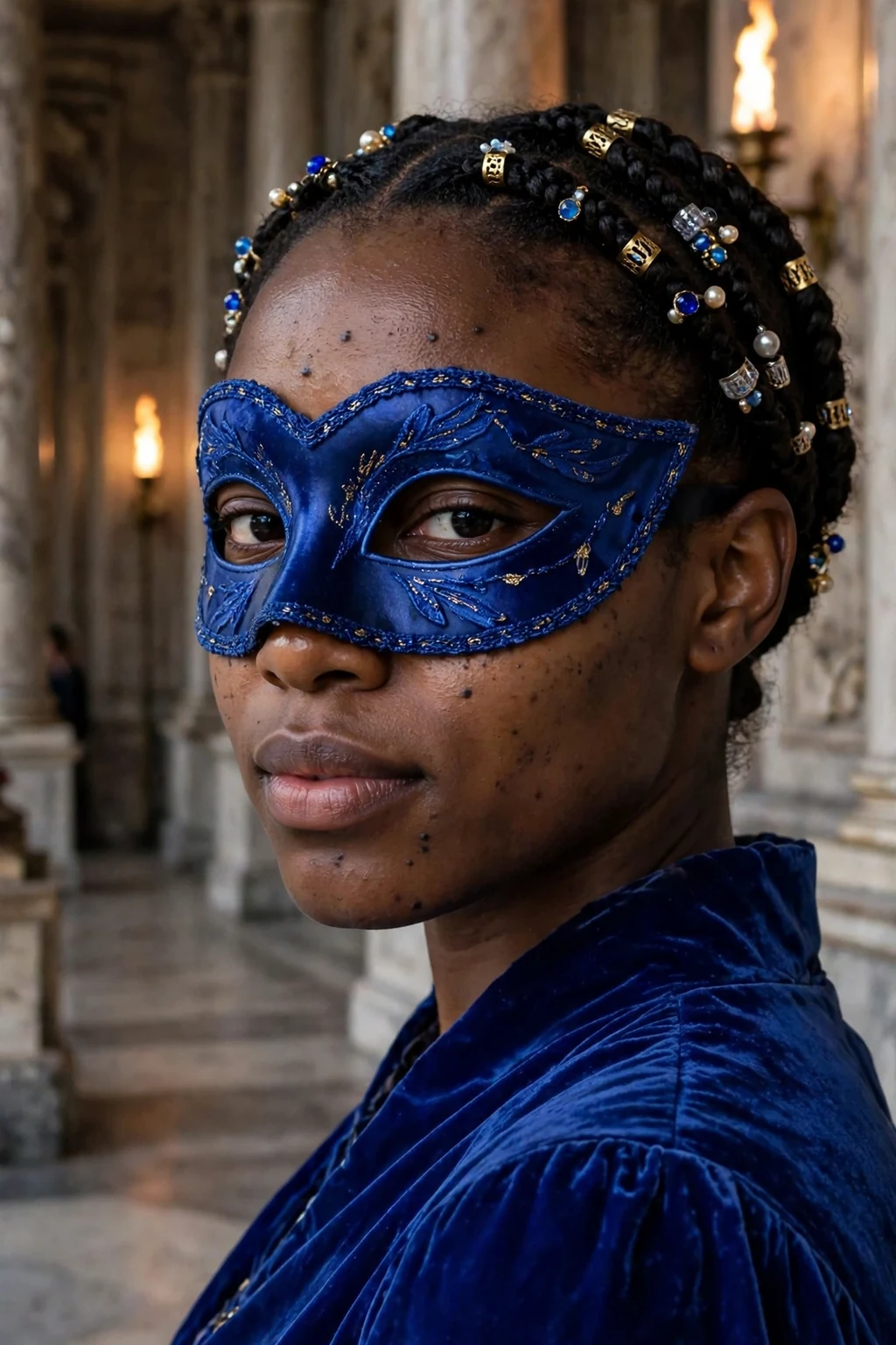 Young woman with a crown of jeweled cornrows and a royal blue masquerade mask in a palace corridor.