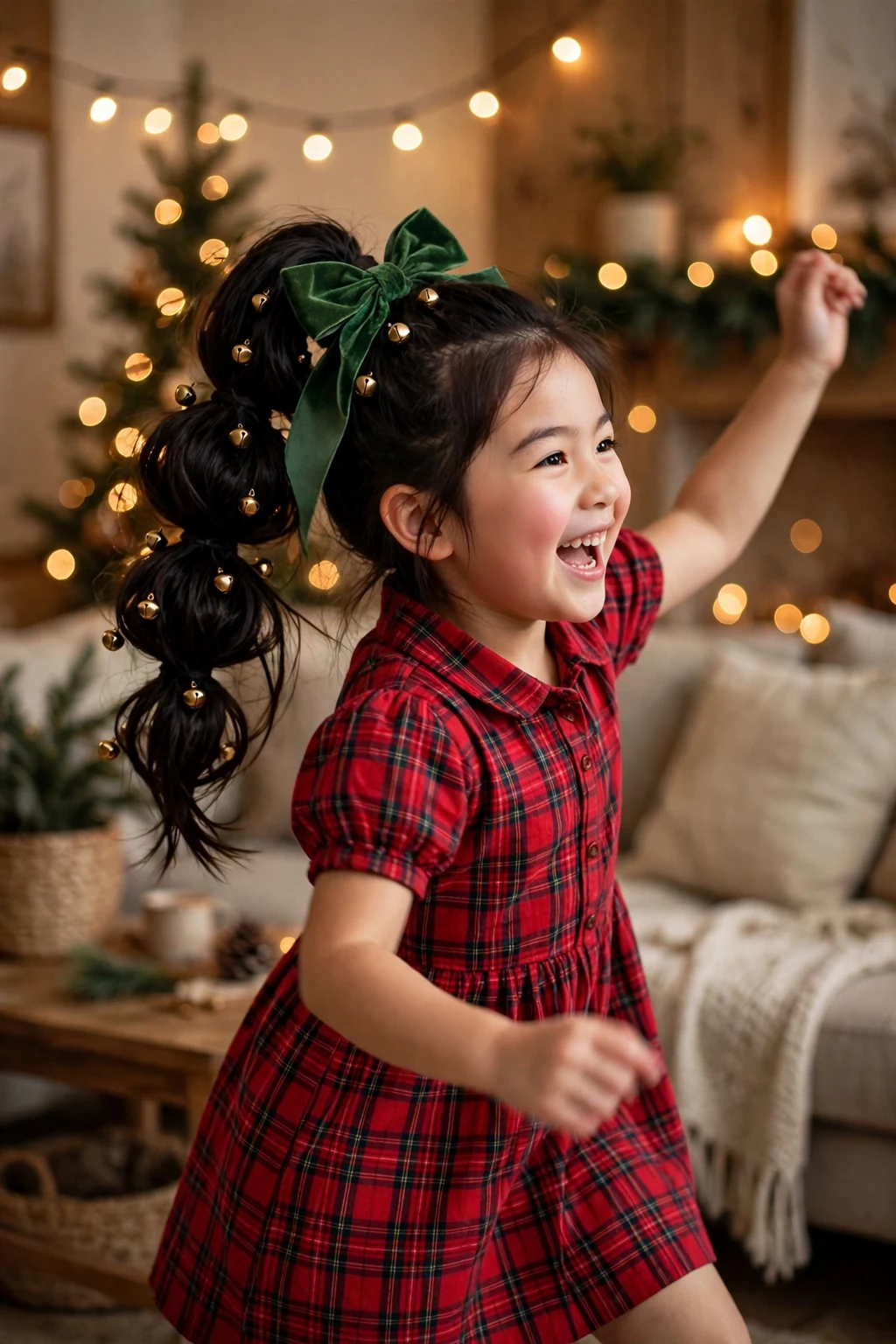 A young girl with a high jingle bell ponytail decorated with tiny gold bells and a green bow.