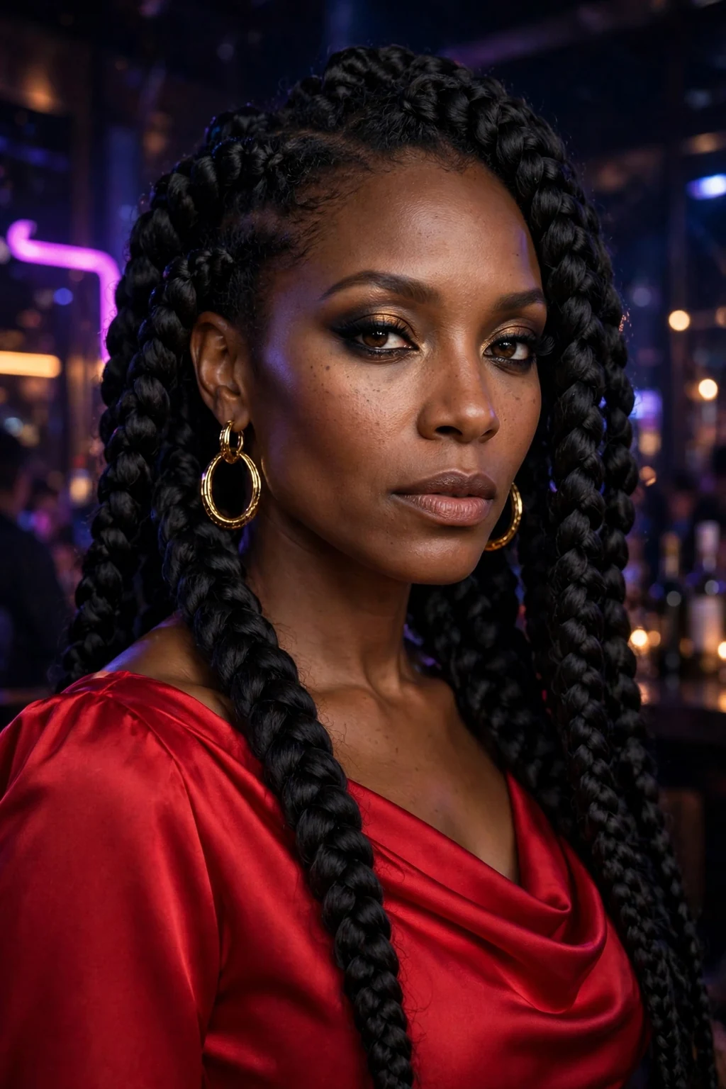 Beautiful woman with jumbo braids, bold jumbo braids, dramatic light.
