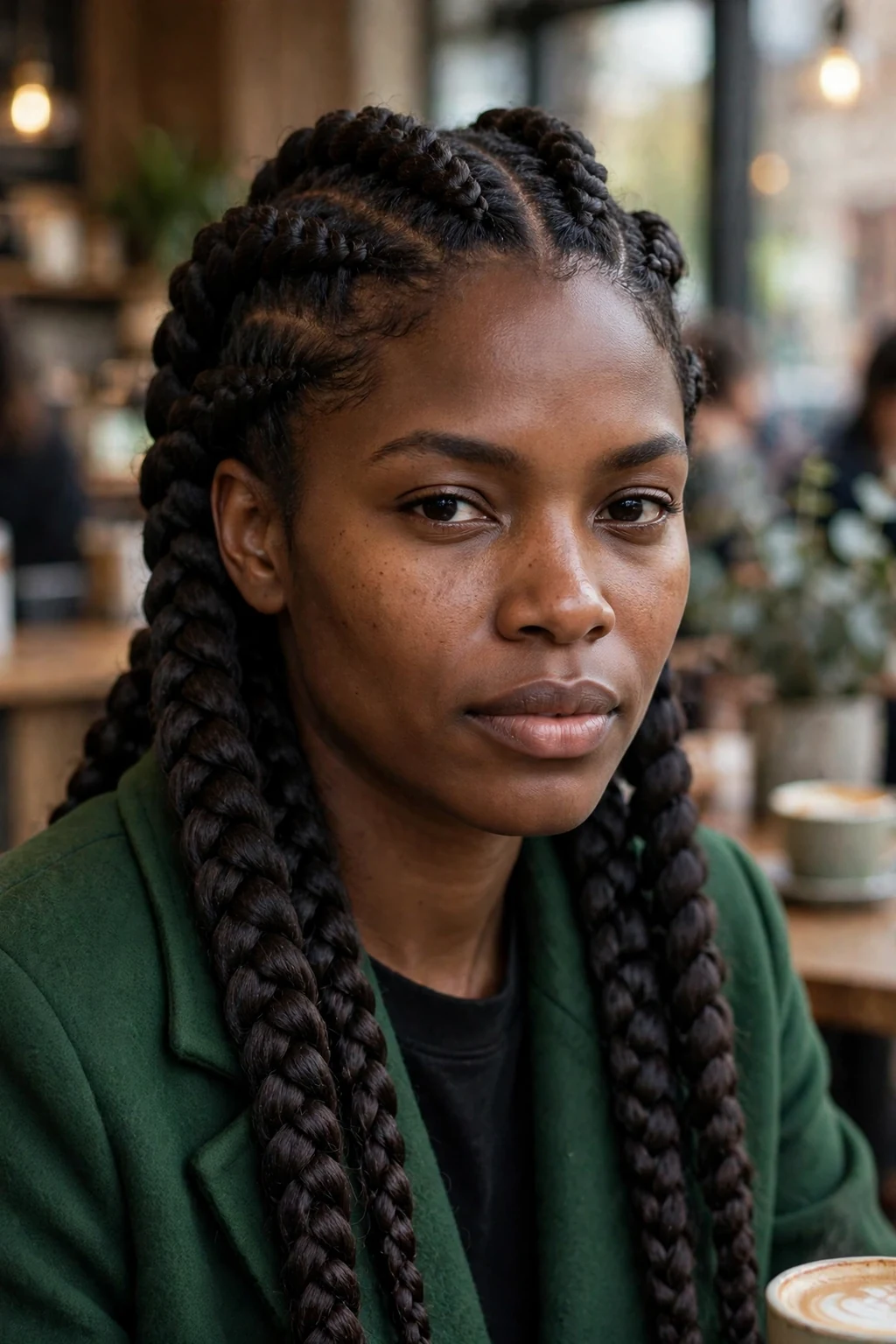 Young Black woman with jumbo cornrows in a coffee shop, wearing a forest green coat.