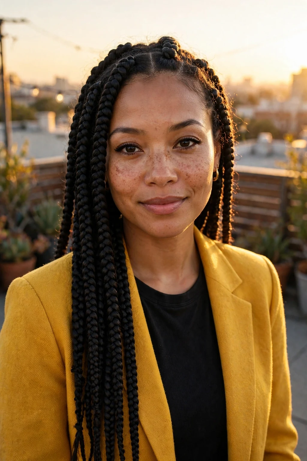 Young woman with jumbo knotless box braids, laughing on a rooftop terrace wearing a mustard yellow blazer.