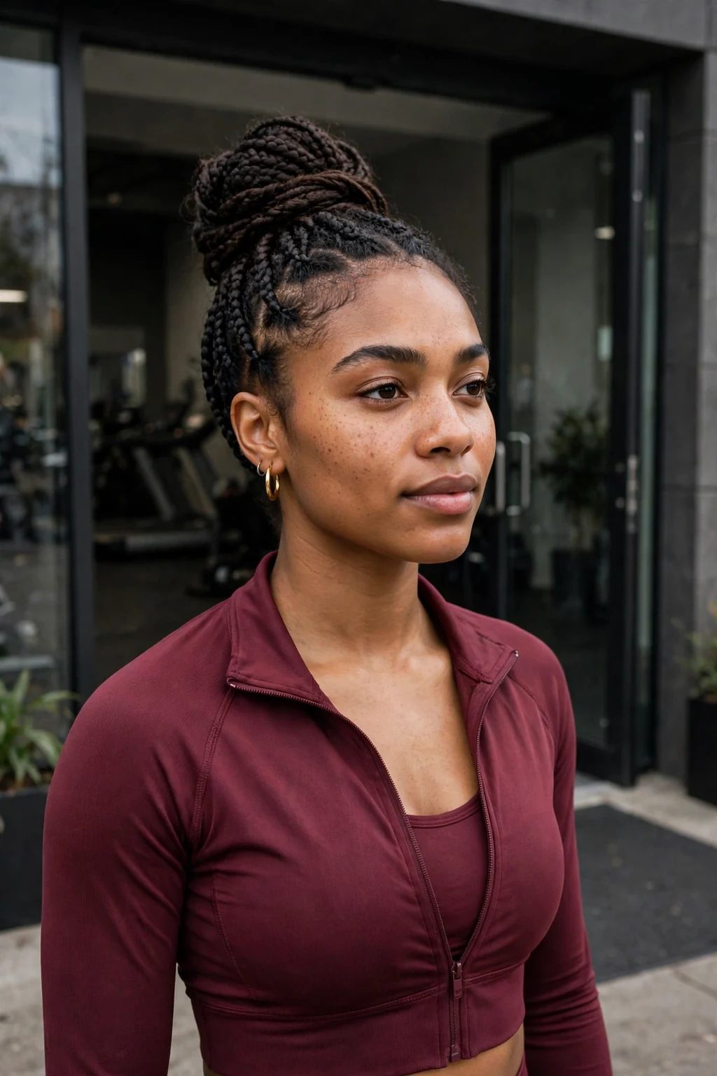 Young woman with knotless braids gathered into a high bun, at a gym entrance wearing a burgundy athletic set.