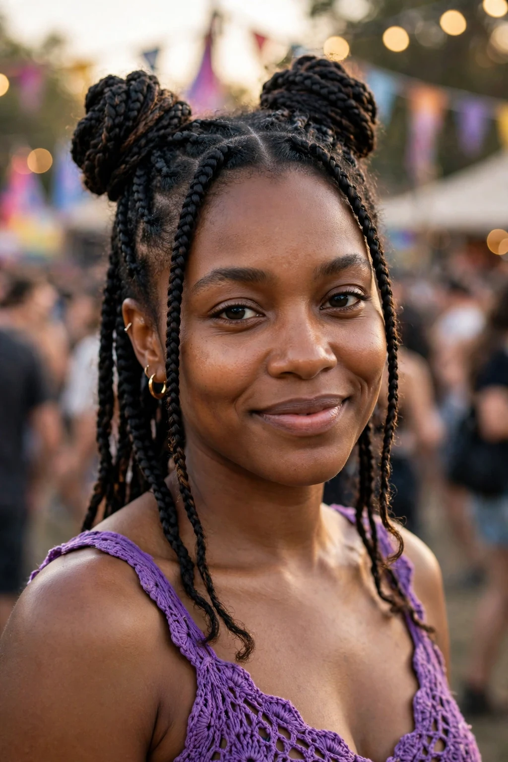 Young woman with knotless braids styled into two space buns, at a music festival wearing a purple festival top.