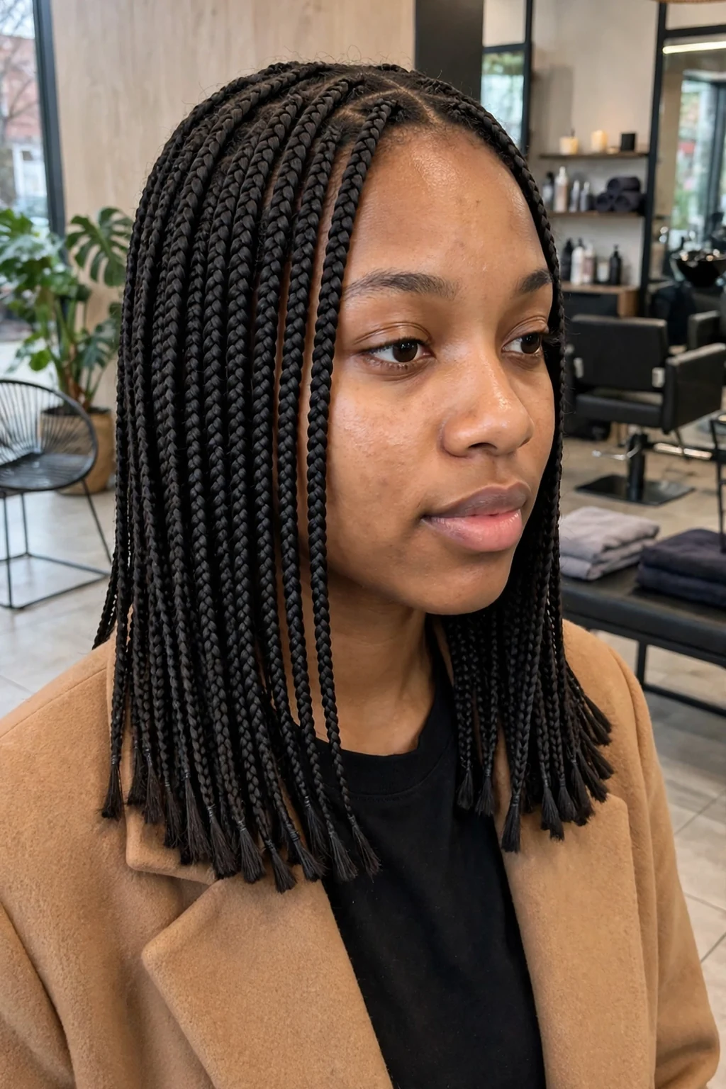 Young Black woman with knotless box braids cut into a sharp blunt bob, photographed in a modern salon lobby wearing a camel coat.