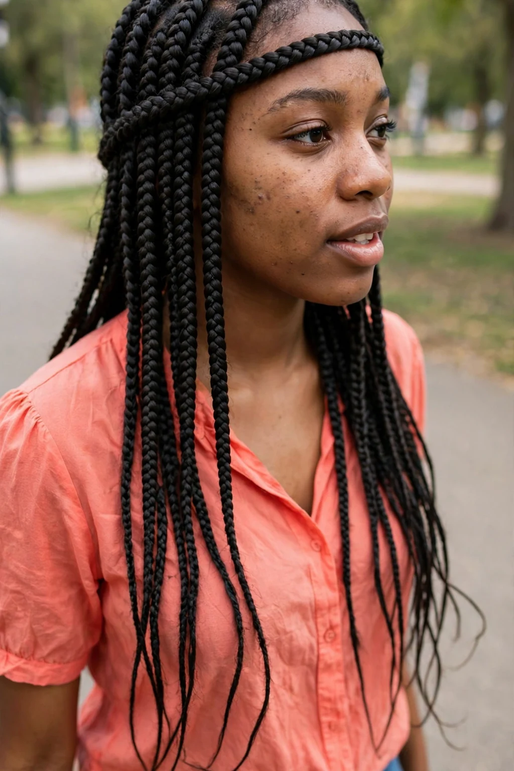 Young Black woman with knotless box braids styled with a braided headband across the forehead, photographed in a sunny park wearing a coral blouse.