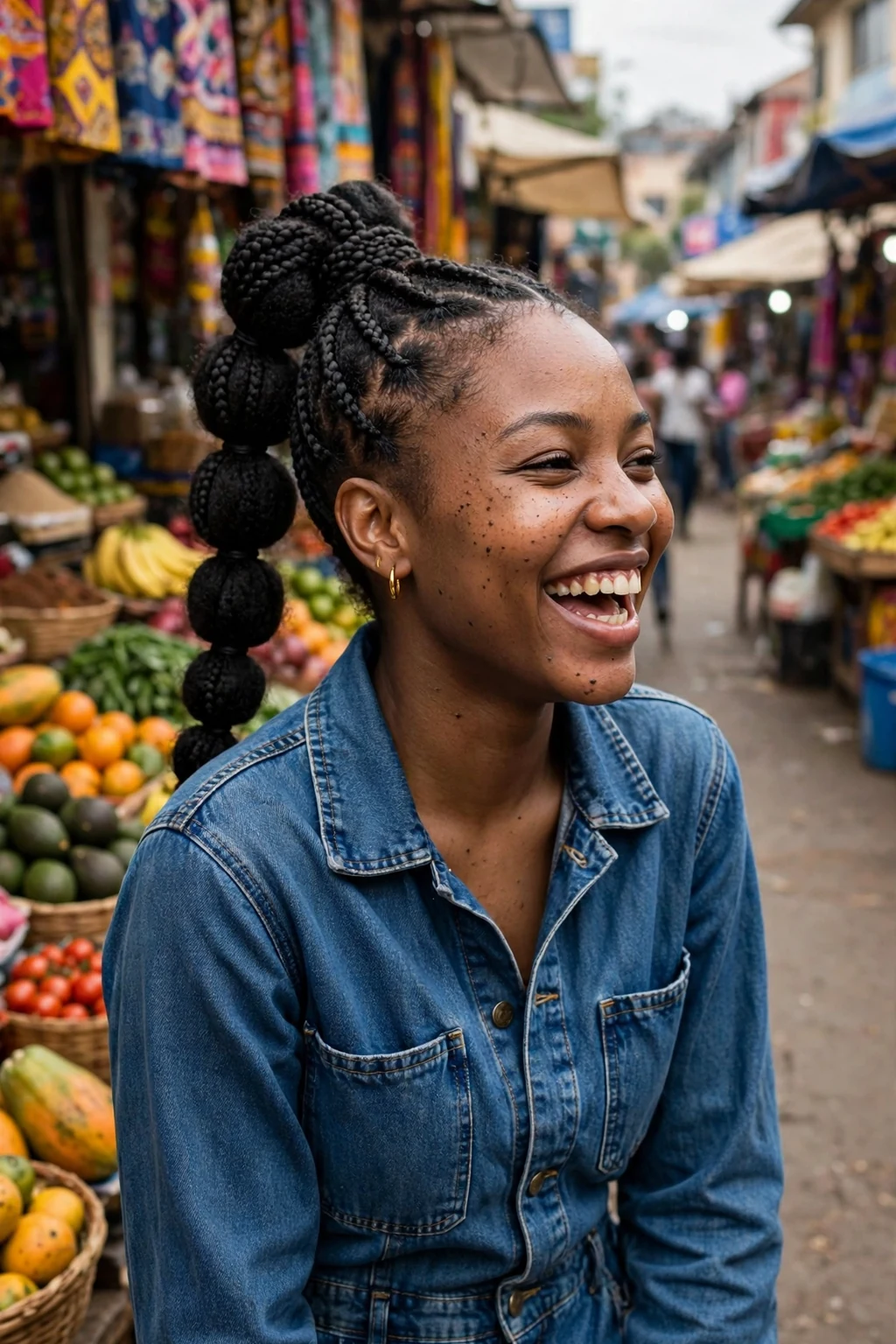 Young Black woman with knotless box braids styled into a bubble ponytail, photographed in a colorful street market wearing a denim jumpsuit.