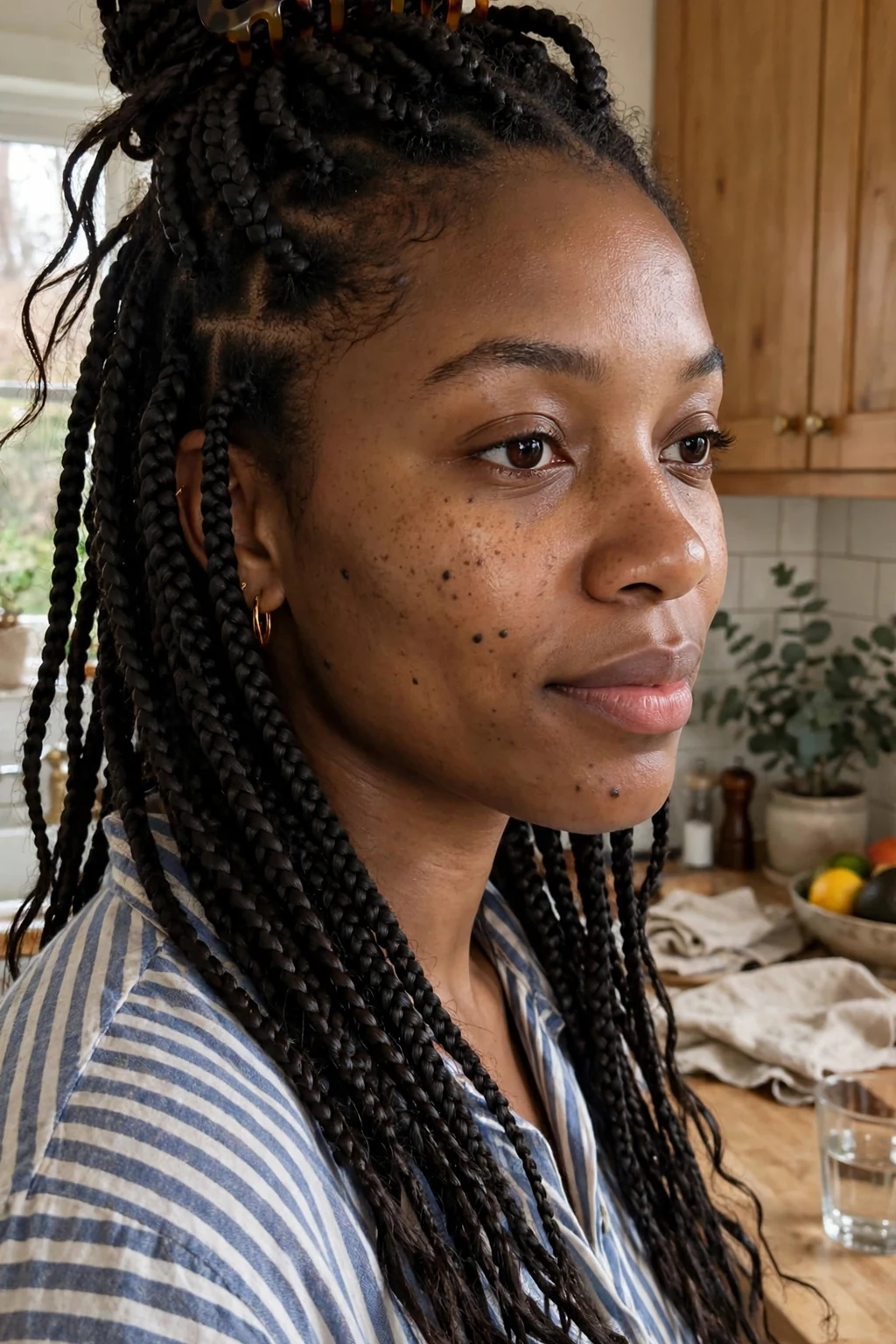 Young Black woman with knotless box braids pinned up with a tortoiseshell claw clip, photographed in a cozy kitchen wearing a striped shirt.