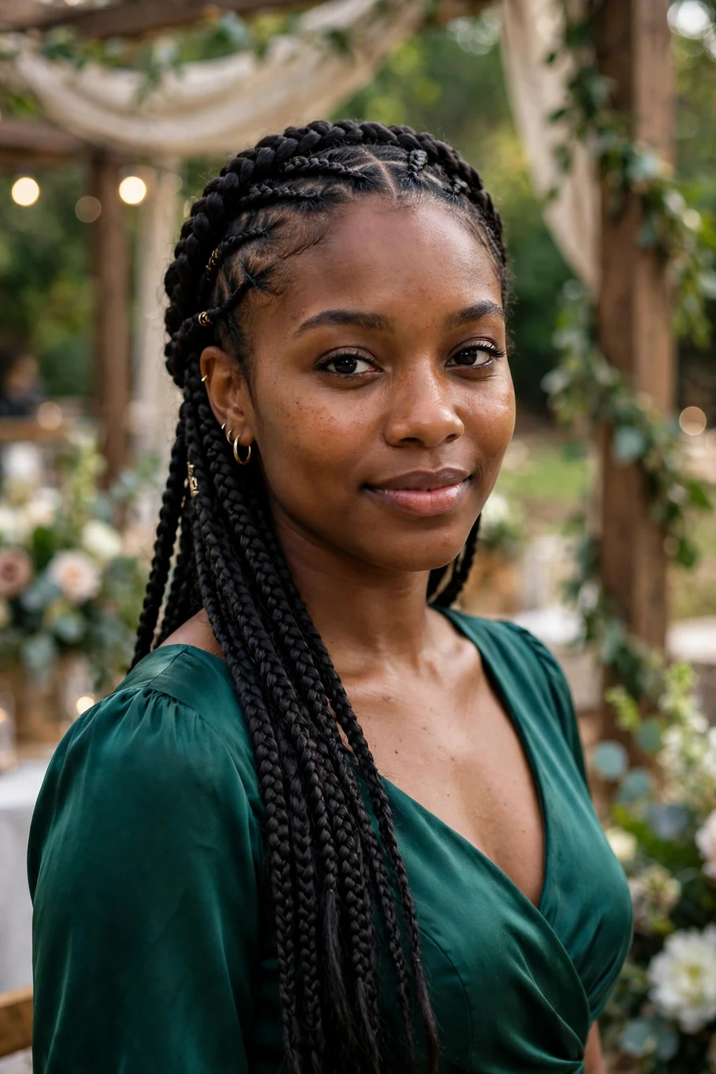 Young woman with knotless braids and a braided cornrow crown, at a wedding venue wearing an emerald green dress.